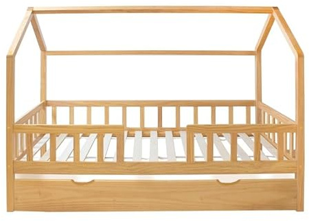 MUEMUE - Cama Infantil Montessori casita con barandilla Sawyer 90x190cm - MU0316-PI - Cama + Cama ELEVABLE 90 Pino