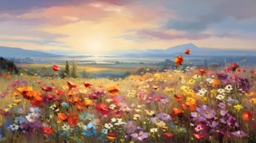 Acryl-Bild 50 x 30 cm: Schöne Wiese mit Mohn und anderen Blumen bei Sonnenuntergang (218978900)