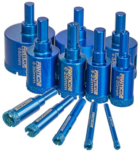 FANTICDE Diamond Drill Bit Set, 12PCS Brazing Core Hole Saw Cutter Tools Set, Diamond Hole Saw Core Drill Bit for Porcelain Tile Ceramic Stone Granite Marble Glass (6mm-50mm)