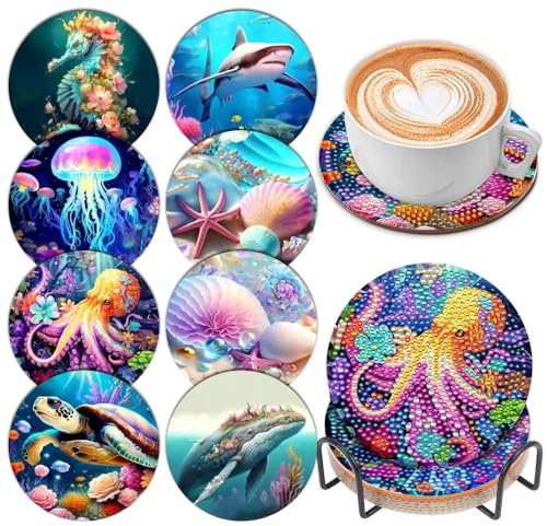 8 posavasos de pintura de diamantes con soporte, kit de posavasos redondos de arte de vidrio para pintura de vida oceánica, suministros de manualidades para adultos y niños y principiantes
