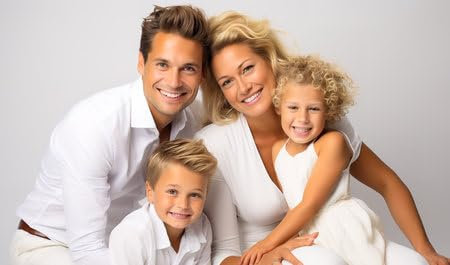 Holz-Bild 140 x 80 cm: Glückliches Paar mit Kindern wird im Studio in weißer Kleidung fotografiert. Hochwertiges Foto (215898438)