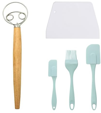 RUIENGCOMM 5 Pcs Bread Dough Whisk Double Eyes Stainless Steel Danish Dough Whisk Egg Beater with Wooden Handle Bread Dough Mixer Accessories Tool for Kitchen Perfect Baking