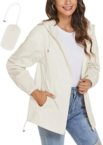 iWoo Veste imperméable légère pour femme avec capuche, beige, S