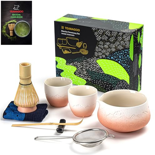 TEANAGOO Matcha Set Matcha Vis Matcha Bowl med pip Shovel Matcha Visp Hållare Te Preparation Set. Teservis (7 stycken) + 2 koppar (5.6 oz), S35, Gradient Pink White