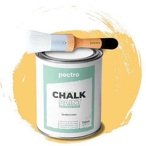 PECTRO PACK Kreidefarbe für möbel 750ml + Malerpinsel speziell für Chalk Paint - Möbellack Natürlicher Kreideeffekt - Farbe für Holz (Vanillecreme)