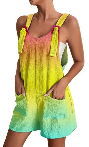 hahuha Lässiger Jumpsuit für Damen, Sommer, Cargo-Shorts, modisch, ärmellos, Farbverlauf, Jumpsuit, Strampler, gelb, 3XL