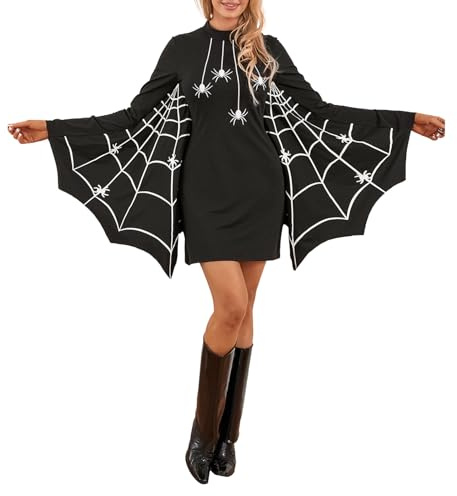 Felcia Damen Spinnenkostüm Halloween Spinnennetz Druck Langarm Minikleid Lustiges Spinnenkleid für Karneval Cosplay Party