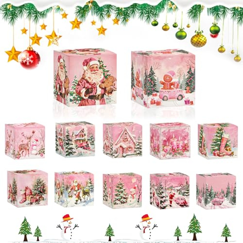 KASESSS 12 Stück Weihnachten Geschenkbox, Geschenktüten Klein, Weihnachten Geschenkbox mit Deckel, Rosa Süßigkeiten Box, Schneemann Weihnachtsmann Rentier Party für Süßigkeiten und kleinere Geschenke