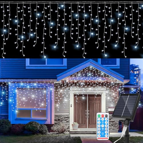 Daromigo Solar Eisregen Lichterkette Außen 15m Kaltweiß 600LEDs lichterketten Eisregen mit batterie & fernbedienung für Terrasse Garten Weihnachten Hochzeit Party Beleuchtung