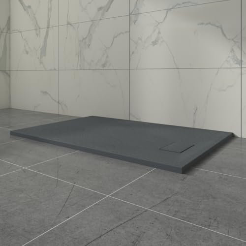Aquariss Anthracite Rectangular Shower Tray Slate Effect SMC Slip-Resistant Shower Base for Bathroom Enclosures 1200x800mm with Waste