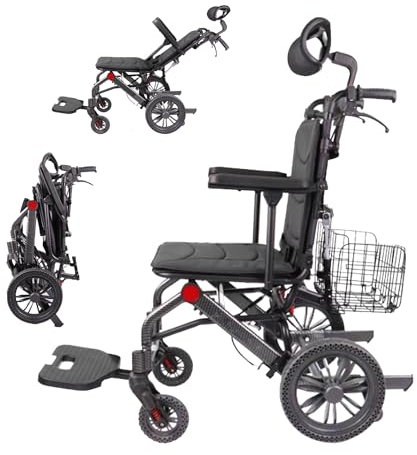 Faltbarer Transportrollstuhl (nur 13.8kg) mit Großem Einkaufskorb Leicht Rollstühle Wheelchair Stufenlos Verstellbare Rückenlehne max. 165° mit Kopfstütze für ältere(Sitzbreite 46cm)