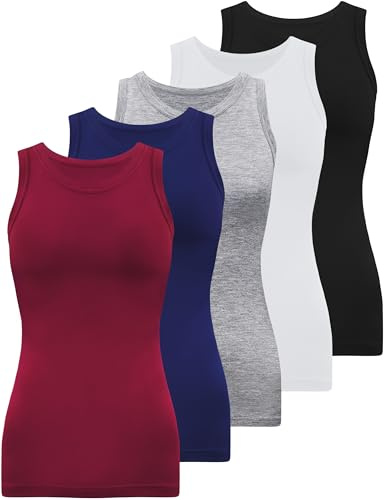BQTQ 5 Pack Womens Crewneck Tank Tops High Neck Tank Tops Sleeveless Slim Fit Basic Tanks Top Ladies Undershirts, Black, White, Gray, Dark Red, Navy, M