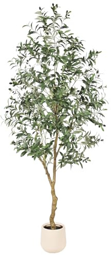FEELEAD 7ft Olive Trees Artificial Indoor - Tall Faux Olive Tree 7 feet (84) with Pot, Fake Plants Natural Olive Branches and Realistic Leaves Olive Silk Tree for Home Office Decor