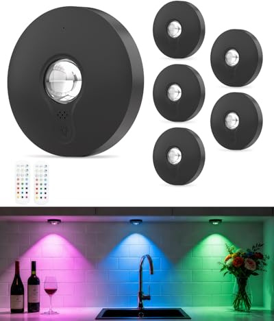 WUYOR USB uppladdningsbar RGB LED-spots batteri med fjärrkontroll, färgväxling LED inbyggd lampa, magnetisk dimbar batteri skåpbelysning, trådlös vitrinbelysning med timing-funktion svart 6 st