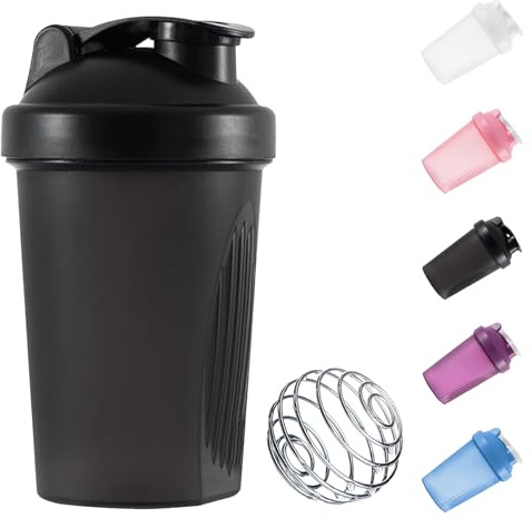 Botella mezcladora de proteínas de 400 ml con bola mezcladora de acero inoxidable, tapa abatible a prueba de fugas, sin BPA y DEHP, sin olor, apta para lavavajillas, apta para temperatura (negro)
