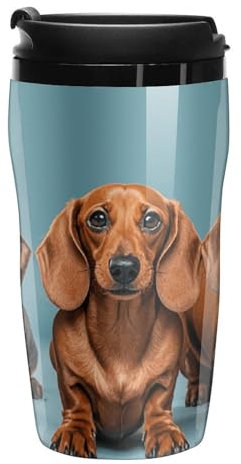Stanley-Kaffeetasse mit Deckel, 340 ml, Kunststoffbecher, versiegelter Trinkdeckel, Wasserbecher, Teetasse, drei Dackel, bedruckte Tassen, passt in Auto-Becherhalter