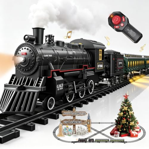Electric Train Sets Remote Control for Kids Metal Alloy Christmas Train Toys Steam Locomotive Glowing Passenger Carriages Luxury Tracks Light & Sounds Rechargeable Birthday Gifts for Boys Girls Green