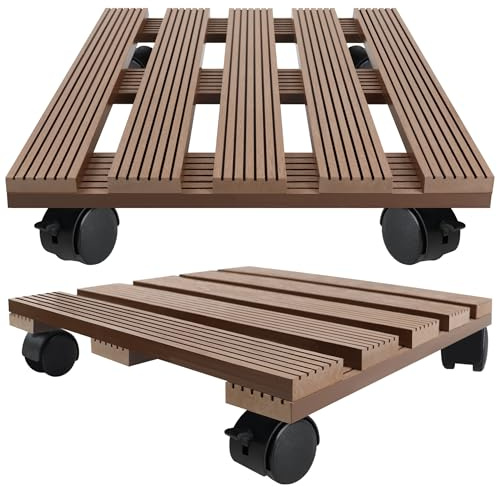 QEENTOE 2X WPC Pflanzenroller Tragkraft 100KG Rollbrett Pflanzen witterungsbestaendig Pflanzenroller für Außen- und Innenbereich Blumenroller Untersetzer Blumentopf mit Rollen - Braun Quadrat