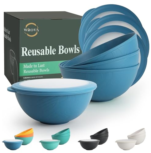 Wrova 40 oz Plastic Bowls Set of 4 with Lid | 1200ml Large Capacity Bowl for Oatmeal, Salad, Fruit, Deep Bowl Set | Reusable Bowls for Kitchen - Microwave and Dishwasher Safe - Blue