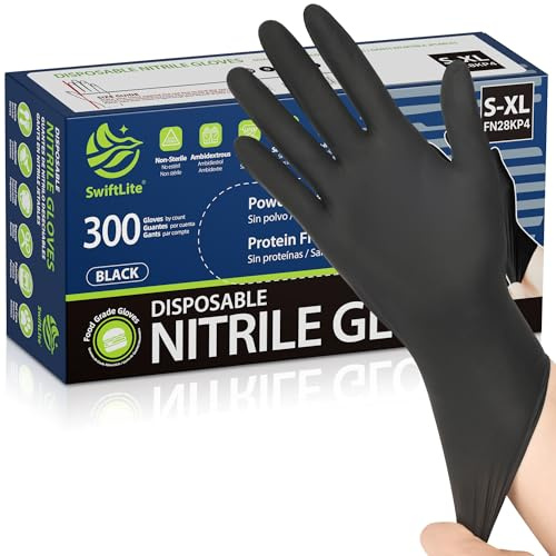 SWIFTLITE Lot de 300 gants jetables en nitrile noirs sans latex sans poudre pour la cuisine, le nettoyage, la préparation des aliments (grand)