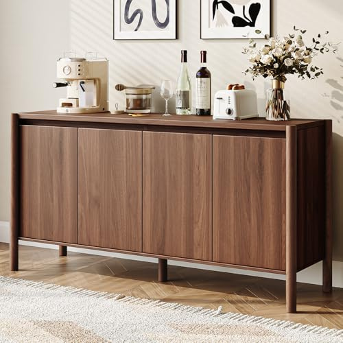CHUWELL Walnut Sideboard Buffet Cabinet - 59 Mid Century Storage Cabinet with 4 Doors, Adjustable Shelves, and 4 Solid Wood Round Legs - Coffee Bar Table for Kitchen, Dining Room, Living Room