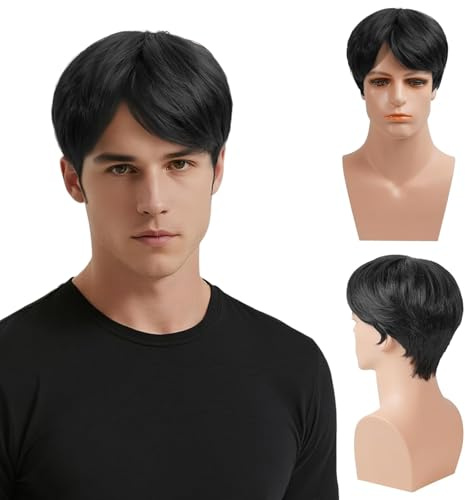 ADLLHO Black Mens Wigs, Synthetic Layered Hair Wigs for Men, Male Natural Fluffy Wavy Wig for Chemotherapy Daily Toupee Hair for Elderly