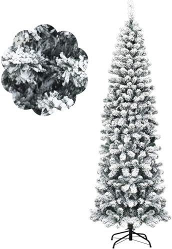 FANTASK 135/180/225cm künstlicher Tannenbaum mit Schnee, Christbaum mit Metallständer, Bleistift Weihnachtsbaum Klappsystem, Kunstbaum Weihnachten PVC Nadeln, Grün (225cm)