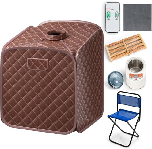 HOMASIS Mini Sauna a Vapore Portatile, Sauna Domestica con Generatore di Vapore da 2 L, Telecomando, 9 Livelli di Temperatura e Timer, Sedia Pieghevole e Massaggiatore per i Piedi (Marrone)