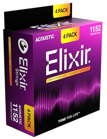 Elixir Saiten für Akustikgitarren aus Phosphorbronze mit NANOWEB -Technologie, Custom Light (.011-.052) — Exklusiv bei Amazon, 4er-Pack