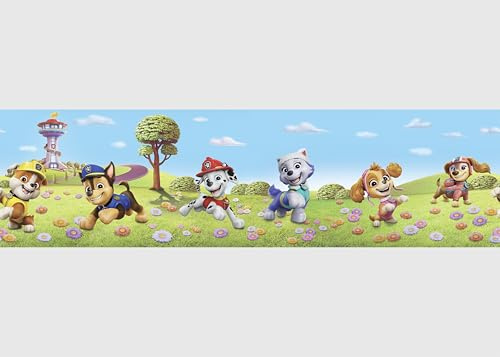 AG Design Selbstklebende Bordüre Paw Patrol Blumenfeld, AWBD 8036 | Wasserfest Kinderzimmer Wand Dekoration | Wandbordüre für Mädchen und Junge | Folie, Mehrfarbig | Breite 500 cm x Höhe 13.8 cm