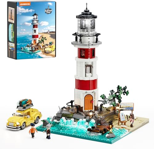 Lumibricks Sunrise Leuchtturm Bauset – 1632 Teile Küsten-Leuchtturm mit 360° Chasing-Licht, Vintage Beetle Auto, Modularer Stromanschluss, Ozean-Base, Sammlermodell & Geschenk für Erwachsene