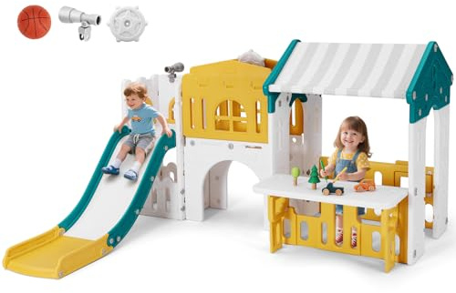 JOYLDIAS 9 in 1 Toddler Slide, Freestanding Kid Climber Slide Playset, Toddler Playhouse with Slide, Basketball Hoop and Climbing Frame, Indoor Outdoor Backyard Playground Toy for Toddlers Age 1-3+