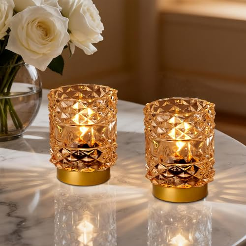 MJ PREMIER Tischleuchte kabellos mit Timer 6 H | LED Tischlampe Batteriebetriebene mit Kristall Glas, für Schlafzimmer Wohnzimmer, Nachttischlampe Dekoration Goldfarben