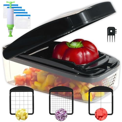 Kit Découpe & Conservation Sous-Vide 3-en-1 | Coupe-Légumes 3 Tailles de Dés + 5 Sacs Réutilisables avec Pompe | Idéal Batch Cooking & Fraîcheur Longue Durée