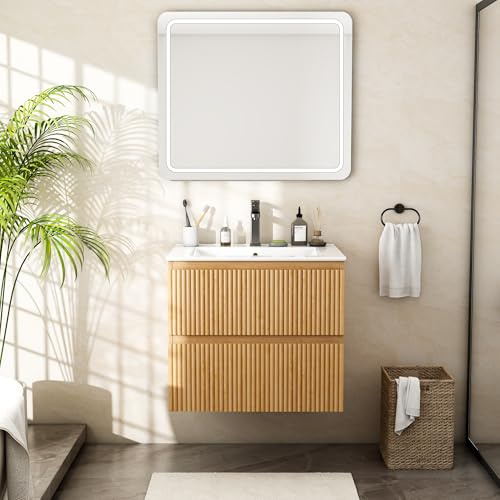 Wumagin Waschtisch mit Unterschrank 60 cm, Hängender Waschbeckenunterschrank Badmöbel Set, Keramik Waschbecken, Badunterschrank mit 2 Schubladen, Moderne Rillenfront für Gäste-WC & Badezimmer, Natur