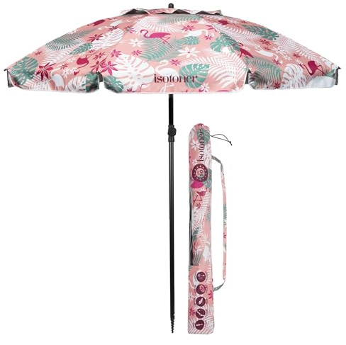 Isotoner Ombrellone da spiaggia ultra resistente, struttura anti vento, leggero e anti uv upf50+, Rosa fiammante, 160 cm de diamètre, 180 cm en arc