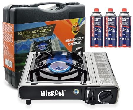 HIBRON Hornillo de Camping Portátil con Maletín – Compacto y Ligero, Compatible con Cartuchos de Gas EN17476/UL147B + 3 Cartuchos Incluidos
