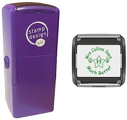 Smiley Star Design in Green with 2 Lines of Custom Text - School Teacher Personalised Reward, Education and Motivational Stamps
