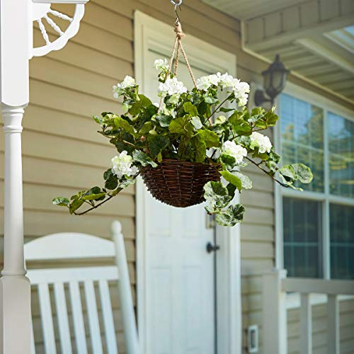 Pure Garden Flores sintéticas: Geranio Colgante Natural y Realista arreglo Floral con Cesta para el hogar u Oficina (Blanco)