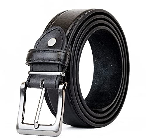 Men Black Leather Belt Double Stitched leather lined belt for Jeans, Suit, Work and Special Occasion (Large (36-40), Black)