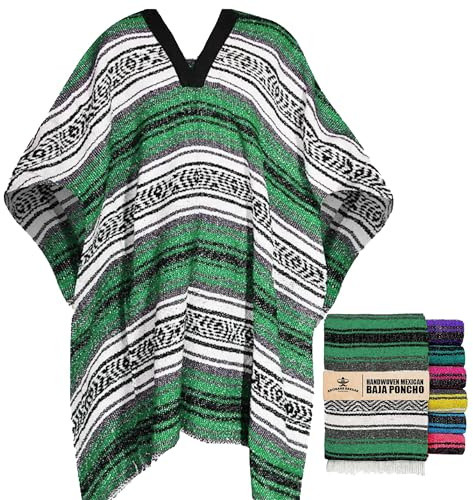 Artisans Bazaar Mexican Poncho for Men & Women – Authentic Serape Blanket, Warm Cotton Fabric, Western Cowboy Style, Jorongo Gaban Baja Hoodie, Lightweight Outdoor Hiking Festival Poncho Green