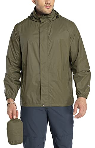 33,000ft Men's Lightweight Waterproof Outdoor Jackets Windproof Rain Shell Jacket Packaway Hooded Raincoat for Golf Fishing Cycling Dark Olive Green M