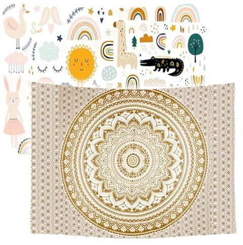 Ulticool – Wandteppich Dekoration Wohnung - Regenbogen Tiere Mandala Bohemien Hippie - Beige Gold - Set von 2 Motiven – 73 cm x 95 cm - Wandtuch