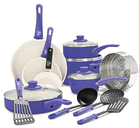 GreenLife 16 Piece Nonstick Cookware Set, Soft Grip Non-Toxic PFAS-Free Ceramic Pots & Pans, Dishwasher & Oven Safe, Frying, Sauce, Utensils, Glass Lids, Stay-Cool Handles, Wobble Free, Periwinkle