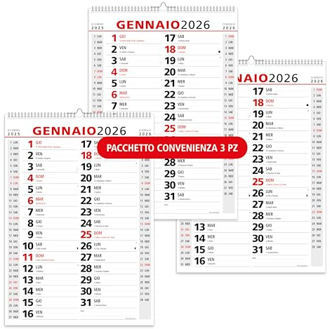 Calendario 2026 da Muro Olandese Classico - 14 Fogli - 3 mesi per pagina con Feste Settimane Lune e Santi in Carta ECOLOGICA Certificata FSC® Mix Credit - 42x29,7 cm - 3 PZ.