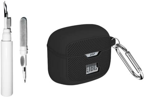 [3 in 1] Casevita Silikon Hülle Kompatibel mit JBL Tune Buds, Stoßfeste Tragbare Schutzhülle mit Karabiner Front LED Sichtbar mit Reinigungsset, 3C-JT-074004-TB-BLACK