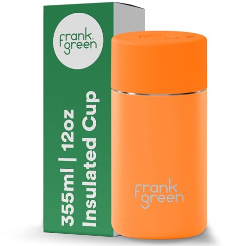 frank green Insulated Travel Mug for Cold Or Hot Drinks - 355ml/12oz Reusable Coffee Cup with Push-Button Lid, Ceramic Lined, Triple Wall Vacuum - Neon Orange
