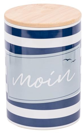 La Vida Vorratsdose Porzellan Bambusdeckel Moin Möwe Streifen blau weiß11x16cm