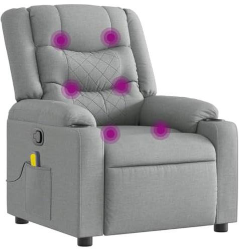 vidaXL Massage Recliner Chair - Manual Reclining Armchair - 6-Point Vibration - Light Gray Fabric - Cup Holders & Side Pocket - Living Room Lounger - Sturdy Wood & Metal Frame