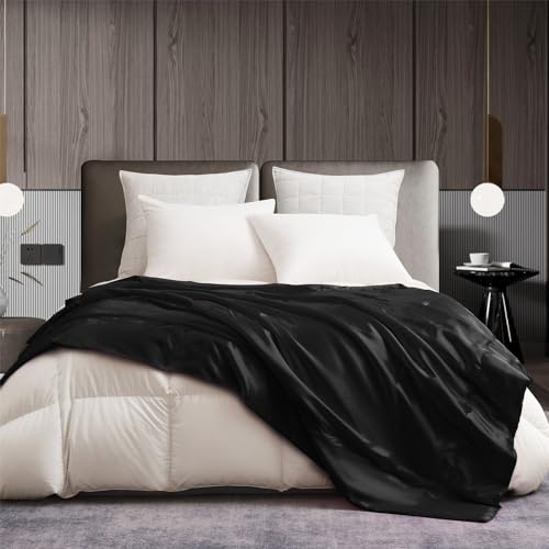 Gezu Satin Decke 200x200cm Schwarz Seidendecken Schwarz Einfarbig Leichte Bequeme Blitzlicht Glühen Cooles Feeling Tagesdecke Universale Sofadecke Blanket Für Bett Schlafzimmer Blanket Büro Decke